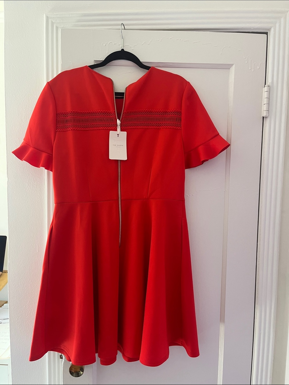 Ted Baker Red Fit-and-Flare Dress with Ruffle Sleeves